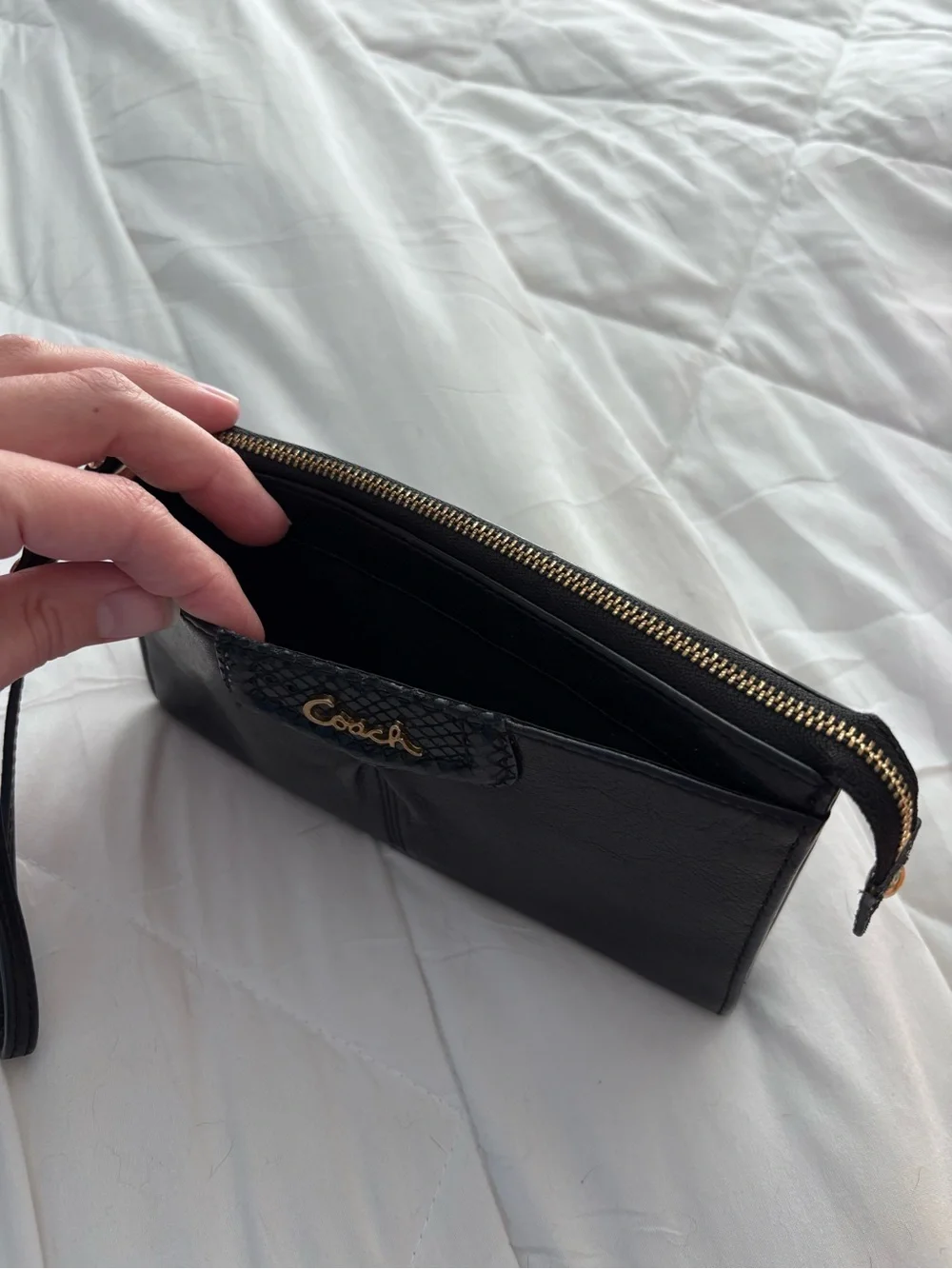 Coach Black Leather Wristlet with Gold Logo Accent